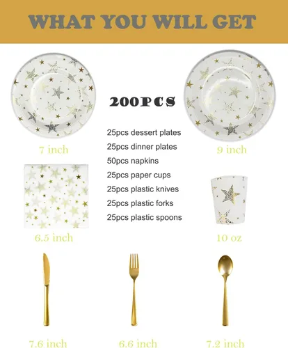 Vista 2 de CONRADY - Juego de vajilla desechable de 200 piezas de estrella dorada, 25 platos de papel, platos de postre, vasos de papel, cubiertos de plástico