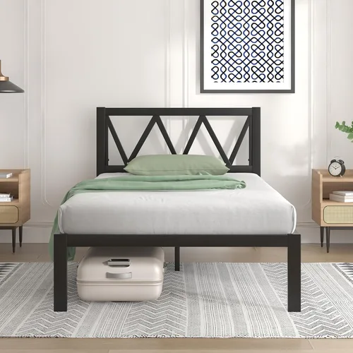 Vista 13 de Novilla Base de cama individual con cabecero, marco de cama de plataforma de metal, resistente, no necesita somier, soporte de listones de madera
