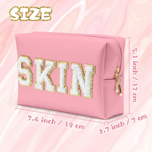 Vista 2 de Y1tvei Preppy Patch SKIN Letra Blanca Rosa Bolsa de Aseo para Cosméticos de Piel Sintética Bolsa de Maquillaje Portátil Bolsa de Almacenamiento