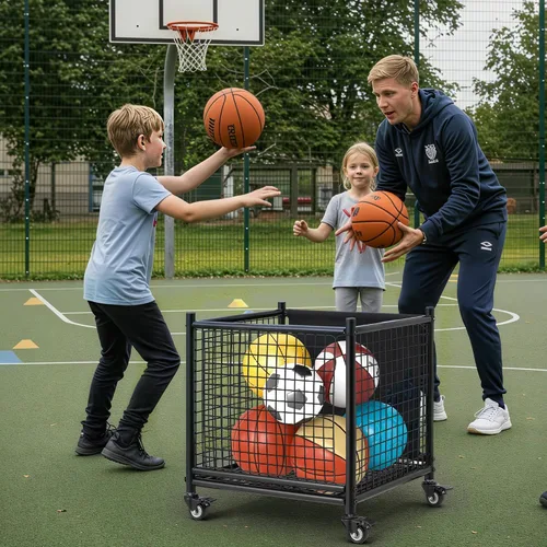 Vista 6 de AECOJOY Almacenamiento de carrito de bolas, cubo de baloncesto con ruedas para garaje, escuela, gimnasio, equipo deportivo y organizador