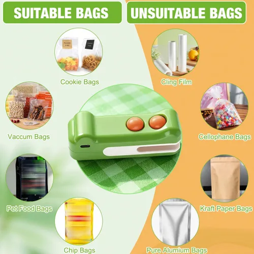 Vista 5 de Mini sellador de bolsas 2 en 1 con cortador e imán, sellador térmico portátil recargable de mano, máquina de sellado portátil de diseño