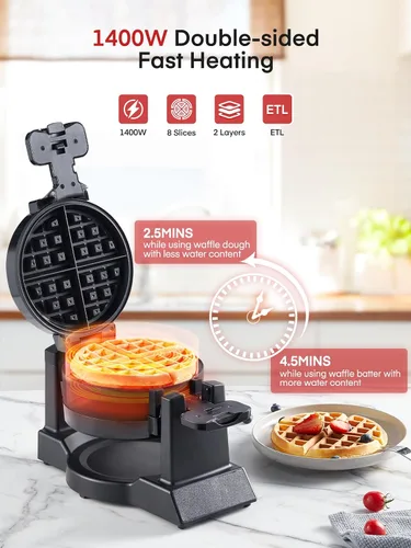 Vista 2 de Máquina para hacer gofres, plancha para gofres belga doble de 1400 W, giro de 180°, 8 rebanadas en 3 minutos, platos giratorios y antiadherentes