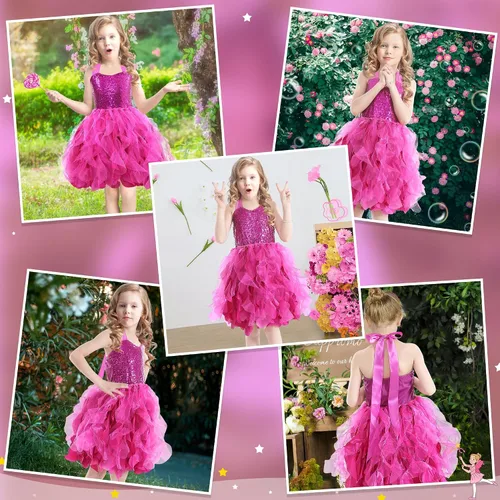 Vista 5 de Vestido tutú para niñas, traje de cumpleaños, vestido de fiesta de tul con lentejuelas brillantes para niñas, baile de graduación, tenis, concurso