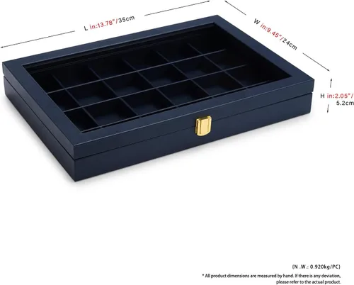 Vista 8 de Oirlv Bandeja de joyería de cuero azul de alta calidad con 24 rejillas con tapa transparente, aretes, anillos, caja organizadora, caja apilable