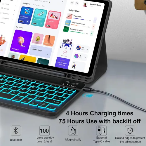 Vista 5 de Funda para Galaxy Tab A9 Plus con teclado de 11 pulgadas, retroiluminación de 7 colores, teclado Bluetooth inalámbrico desmontable, funda