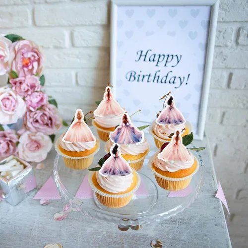 Vista 3 de 40 piezas de vestidos de princesa comestibles para cupcakes, color rosa y morado, vestido de noche para despedidas de soltera, bodas, princesas