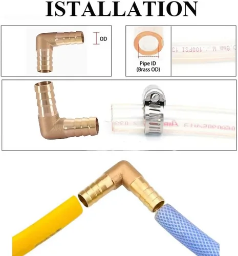 Vista 5 de Codo de púas de manguera de latón, conector de púas de latón de codo de 90 grados, ángulo recto L, con abrazaderas de acero inoxidable, paquete de 2