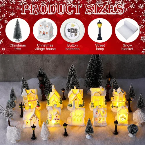 Vista 3 de Shappy 48 piezas de casas de pueblo navideño, accesorios de edificios de ciudad, 10 casas de pueblo navideño con luz, 12 mini árboles, 12 luces LED