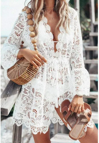 Vista 4 de Bikini sexy para mujer cubrir casual hueco con cuello en V encaje floral Crochet traje de baño traje de baño túnica corta playa vestido