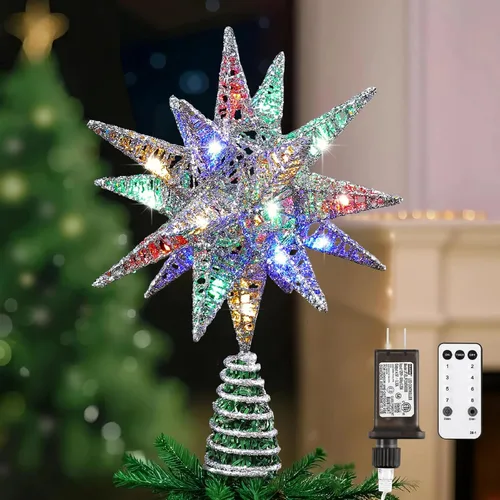 Vista 12 de Lewondr Decoración para árbol de Navidad, decoración de árbol de Navidad con forma de estrella en 3D con diseño de explosión de estrellas, control