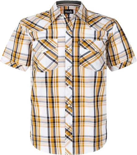 Vista 9 de Camisa casual para hombre estilo western con botones, de manga corta, dos bolsillos BLKWHT.