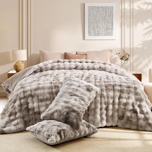 Vista 20 de Wajade Juego de edredón de felpa de pelo sintético teñido anudado negro, juego de ropa de cama mullido y peludo, juego de edredón de microfibra