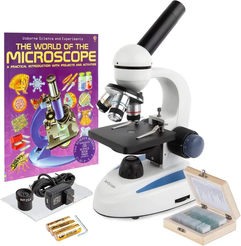 Vista 12 de AmScope Microscopio monocular compuesto inalámbrico digital M158C-2L-E, oculares WF10x y WF25x, aumento de 40x-1000x, iluminación LED superior e