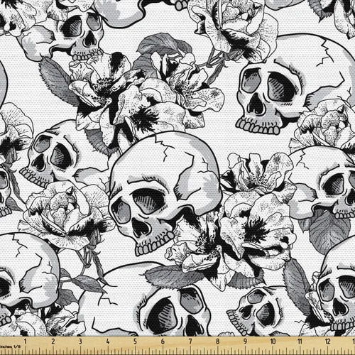 Vista 109 de Ambesonne The Yard, tela de calavera colorida con temática de Halloween, diseño de calavera y huesos cruzados, divertido estampado de dibujos
