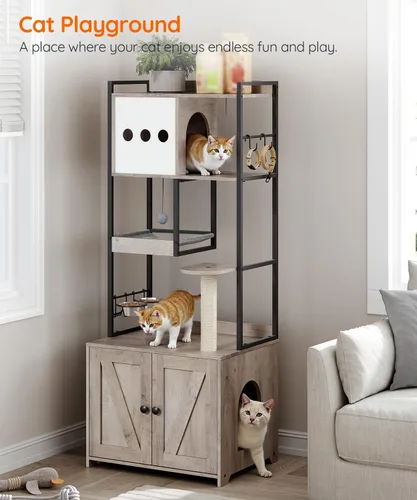 Vista 8 de HOOBRO Árbol para gatos con caja de arena, torre para gatos de 58.7 pulgadas de alto con muebles de caja de arena oculta, con poste rascador
