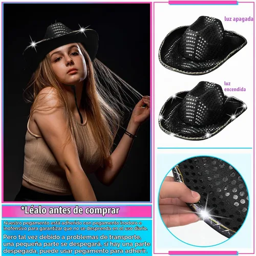 Vista 4 de Tisancy Paquete de 20 sombreros de vaquera con luces LED intermitentes para despedida de soltera occidental, boda, novia Negro