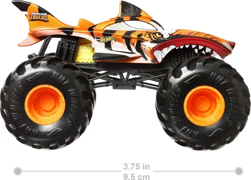 Vista 2 de Hot Wheels Monster Trucks, camión monstruo de gran tamaño, camión de juguete fundido a presión a escala 1:24 con ruedas gigantes y diseños geniales