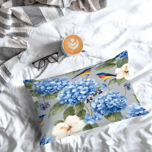 Vista 7 de Mugod Fundas de almohada decorativas para el hogar, diseño de flores de hibisco en acuarela azul, iris y pájaro, funda de cojín rectangular oblonga