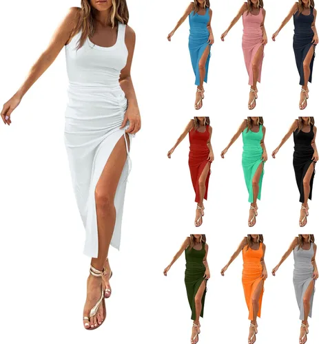 Vista 5 de IAMAGOODLADY Vestidos de verano para mujer 2023, casual, cuello en V, manga corta, fruncido, vestido largo de noche