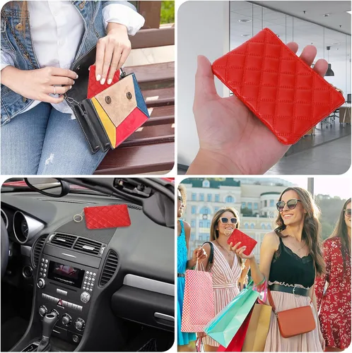 Vista 7 de simarro Monedero pequeño, con doble relieve, rombo de poliuretano, con cremallera, portátil, monedero corto para mujer, llavero con cremallera, mini