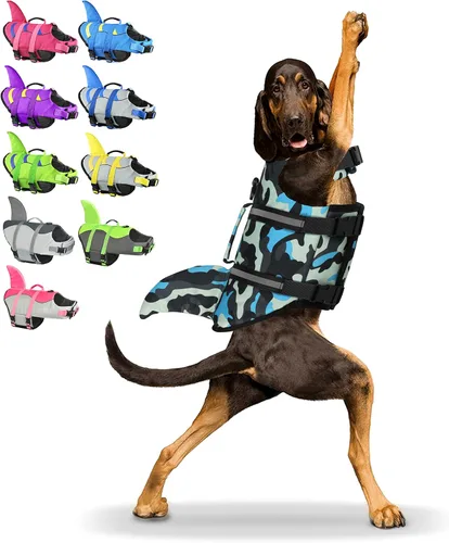 Vista 18 de Chaleco salvavidas para perros de Fragralley Shark, chaleco salvavidas ajustable para perros con aleta de tiburón, adecuado para perros pequeños