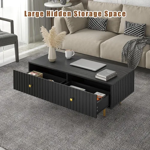 Vista 3 de HedoAjim Mesa de centro moderna con almacenamiento con 2 cajones grandes, mesa auxiliar rectangular negra para sala de estar, mesa de té acanalada