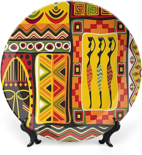 Vista 11 de Plato decorativo de 6 pulgadas, plato de vajilla de mujer africana, boceto de mujeres locales con jarras de cerámica con estampado tribal