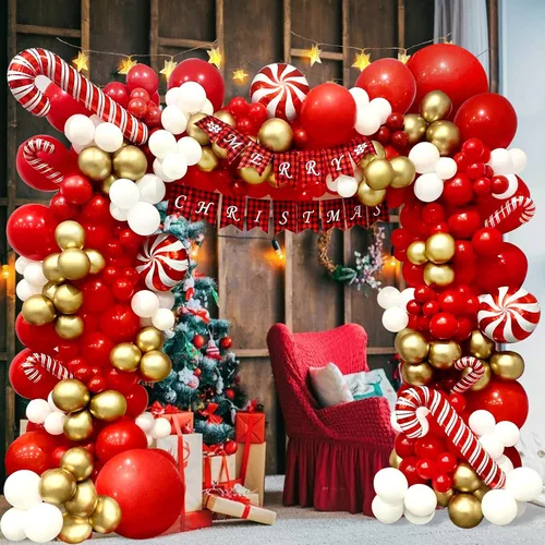 Vista 6 de DBKL Kit de arco de guirnalda de globos de Navidad, 153 piezas con globos de Navidad, rojo, dorado y blanco, globo de aluminio de bastón de caramelo