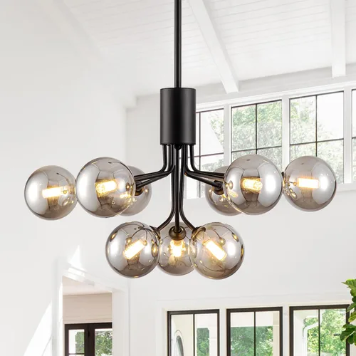 Vista 14 de Lámpara de techo Sputnik negra montaje semiempotrado lámpara de techo de 5 luces con globo blanco lechoso moderna lámpara de araña Sputnik