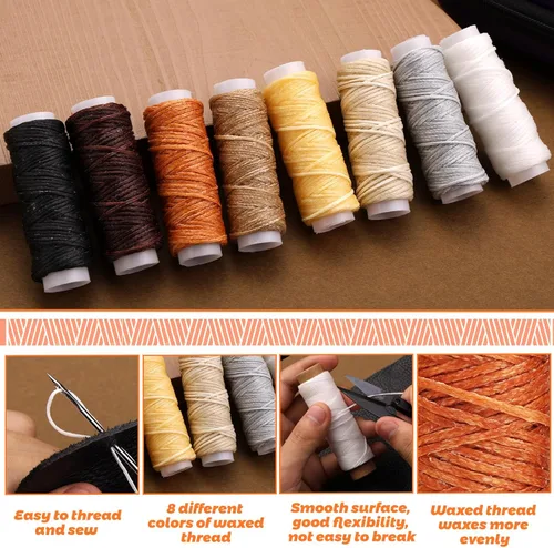 Vista 3 de Tikjiua Kit de costura de reparación de tapicería, 8 piezas de hilo encerado, agujas de coser de cuero, punzón de costura, dedal, kit de reparación
