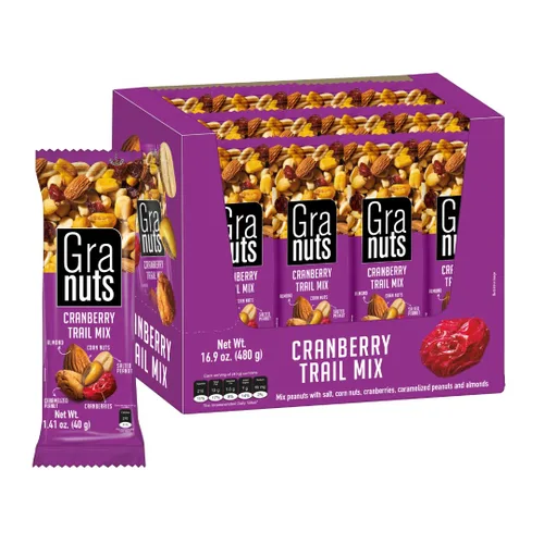 Vista 3 de Granuts Cranberry Trail Mix Cacahuetes caramelizados Nueces de maíz crujientes + almendras Arándanos suaves Sabores salados + dulces Snack