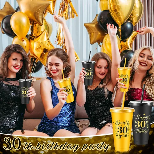 Vista 5 de Uiifan 12 vasos de plástico de plástico con tapa y popote de 24 onzas para cumpleaños, cumpleaños, bodas, aniversarios, decoración (30º)