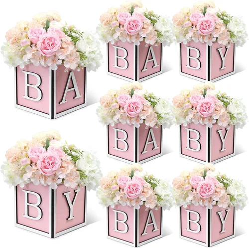 Vista 11 de Juego de 4 centros de mesa de baby shower para mesas, cajas de madera de 6 pulgadas con letras de bebé, cubos rústicos, bloques de madera para Rosa