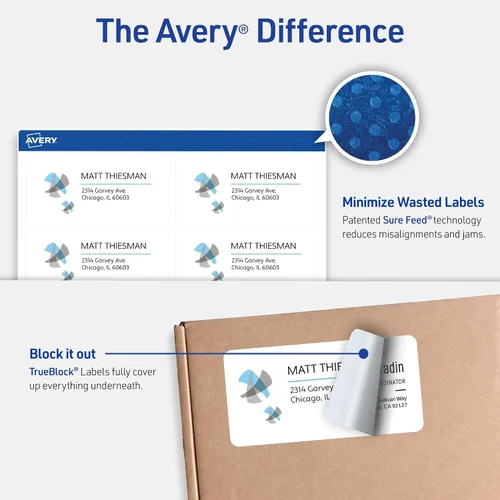 Vista 2 de Avery Printable Shipping Labels with Sure Feed, 2" x 4" Customizable Stickers, White, 250 Blank Mailing Labels, Great for Mailing, Shipping, and