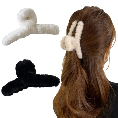 Vista 8 de 2 pinzas peludas para el cabello de felpa para cabello grueso y delgado, pinzas grandes antideslizantes de pelo sintético para mujeres