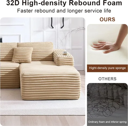 Vista 6 de Sofá modular Cloud con diván en forma de L, moderno sofá modular con asiento profundo, portavasos integrado y bolsillo de almacenamiento para sala