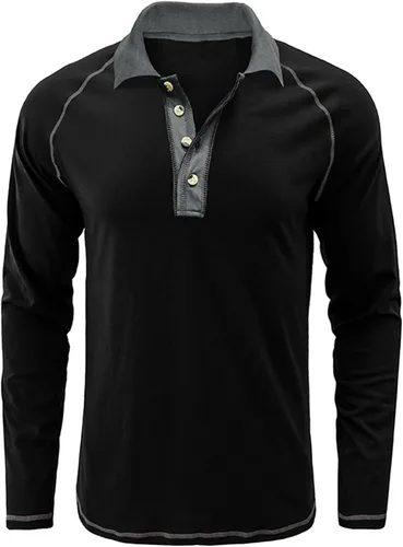 Vista 2 de Camisas polo de moda para hombre, ajuste relajado, manga larga, polo de golf, clásico, de algodón, con botones, Henley