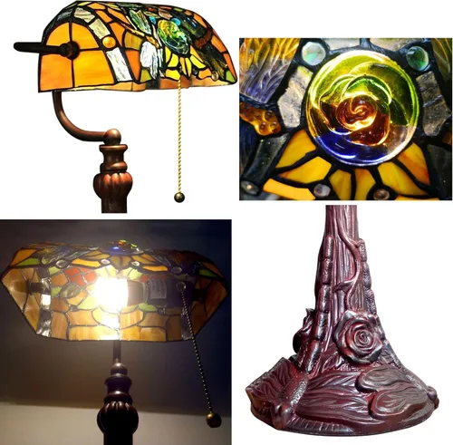 Vista 8 de Tiffany - Lámpara de mesa con vitrales para sala de estar, lámpara de piano con libélula lateral, pequeña de 15.5 pulgadas de alto, lámpara
