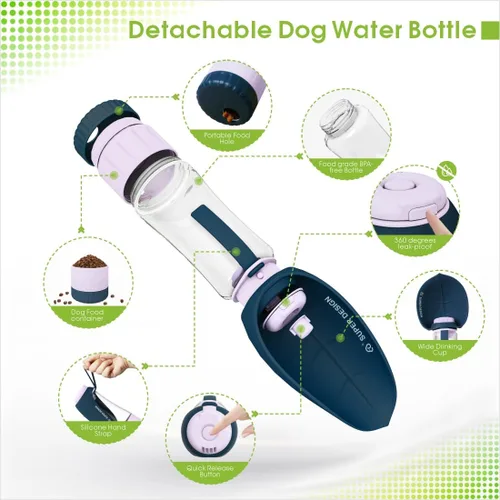 Vista 2 de SUPERDESIGN - Botella de agua azul portátil para perros con contenedor de alimentos, botella de agua de viaje para perros, fácil de usar, diseño a