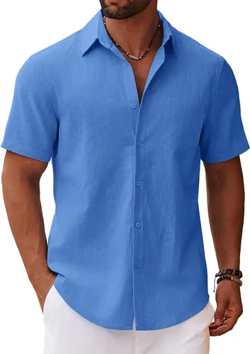 Vista 21 de COOFANDY Camisa de manga corta con botones para hombre, casual, de algodón, para verano, playa, lino, para boda, con bolsillo