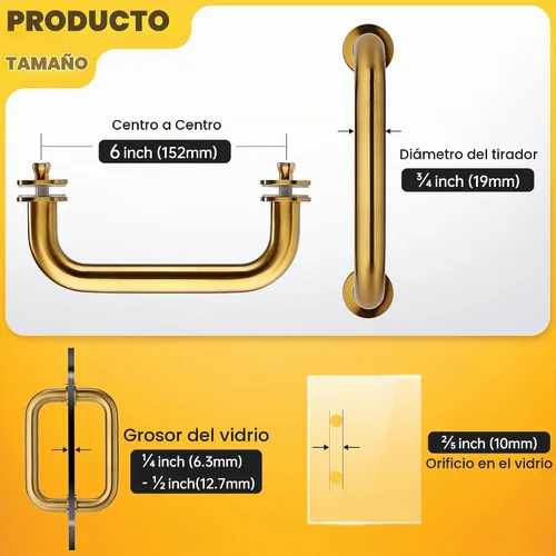 Vista 6 de Kolet Manija de puerta de ducha, 6 pulgadas de centro a centro, tubo Oro cepillado