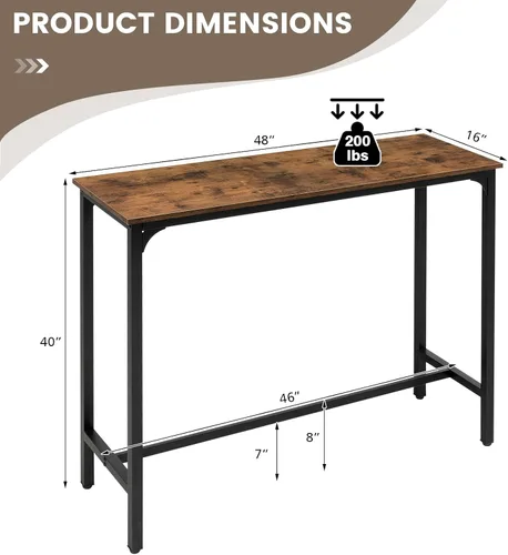 Vista 3 de GOFLAME Mesa de bar de 48 pulgadas, mesa de bar industrial alta con marco de metal y pies ajustables, mesa rectangular estrecha para espacios