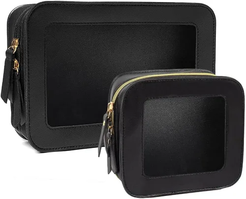 Vista 15 de Paquete de 2 bolsas de maquillaje transparentes para viaje, neceser aprobado por la TSA con cremallera, pequeñas bolsas de maquillaje para mujeres