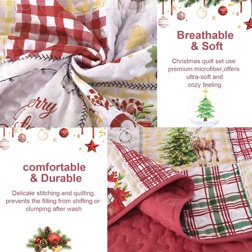 Vista 5 de Luxudecor Juego de edredón de Navidad tamaño Queen de 3 piezas, colcha de Navidad de retazos rojos con fundas de almohada, colcha reversible suave
