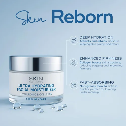 Vista 2 de Skin Aesthetics Hidratante facial con ácido hialurónico y colágeno, antienvejecimiento, ultra hidratante, líneas finas y arrugas, cuidado de la piel