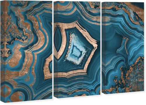 Vista 2 de The Oliver Gal Artist - Arte de pared abstracto de geoda azul y verde azulado con cristales dorados de tres piezas, arte de pared de 3 paneles azul