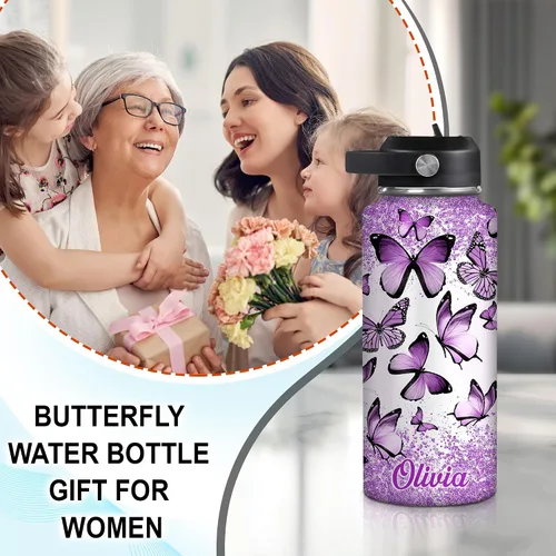 Vista 3 de Hyturtle Botella de agua personalizada de mariposa, botella de acero inoxidable aislada con nombre personalizado con tapa a prueba de fugas, 18