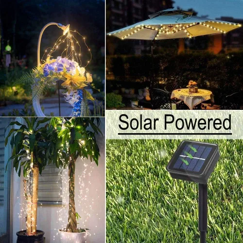 Vista 2 de Guirnalda de luces solares para exteriores, 8 modos, 220 luces LED, multihebra, impermeable, regadera, guirnalda de luces para jardín, patio, árbol