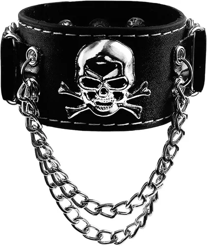 Vista 2 de Eigso Pulsera de cuero sintético negro con calavera para hombre y mujer, pulsera ajustable