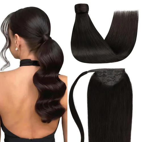 Vista 27 de LaaVoo Extensión de cola de caballo de cabello humano marrón para mujer, extensiones de cola de caballo marrón oscuro, extensiones de cabello humano